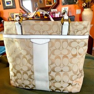 COACH D1405-F28504 Canvas Leather Trim Signature C Stripe Medium Tote Bag
